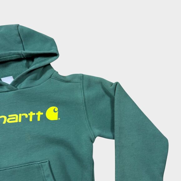 Carhartt Kids Hoodie Green Yellow Logo Graphic Pullover Sweatshirt Youth Size S - Picture 3 of 9